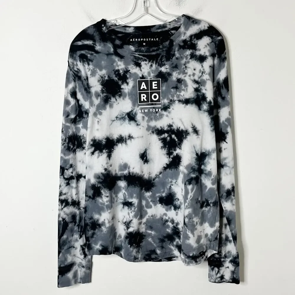 Aeropostale Men's Tie Dye T-Shirt M Black & Gray Long Sleeve Crew Neck Cotton - Picture 3 of 7